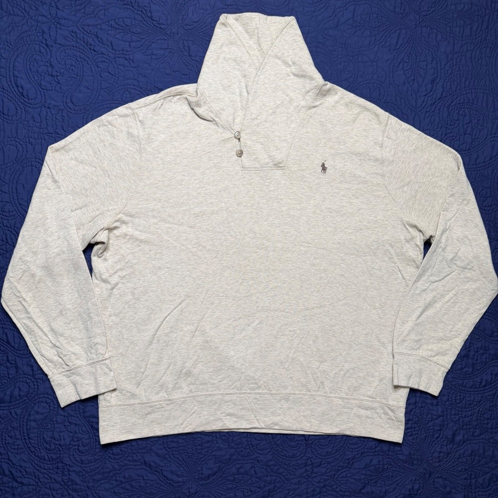 Polo Ralph Lauren Mens XXL Heatherd Oatmeal  Shawl Collar Button Sweatshirt